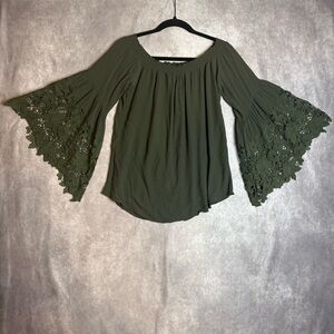 Whimsigoth Fairy Olive Green Bell Sleeve Off the Shoulder Free Size Top